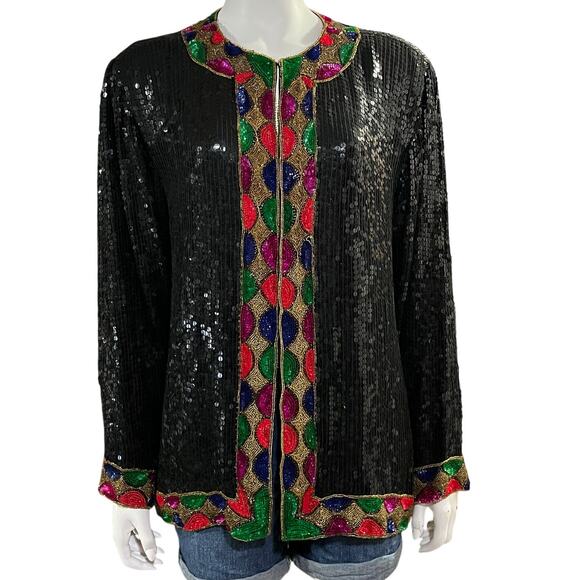 Vintage Jackets & Blazers - Eve's Allure Vintage Womens Natural Silk Sequins Beaded Jacket Size 1X